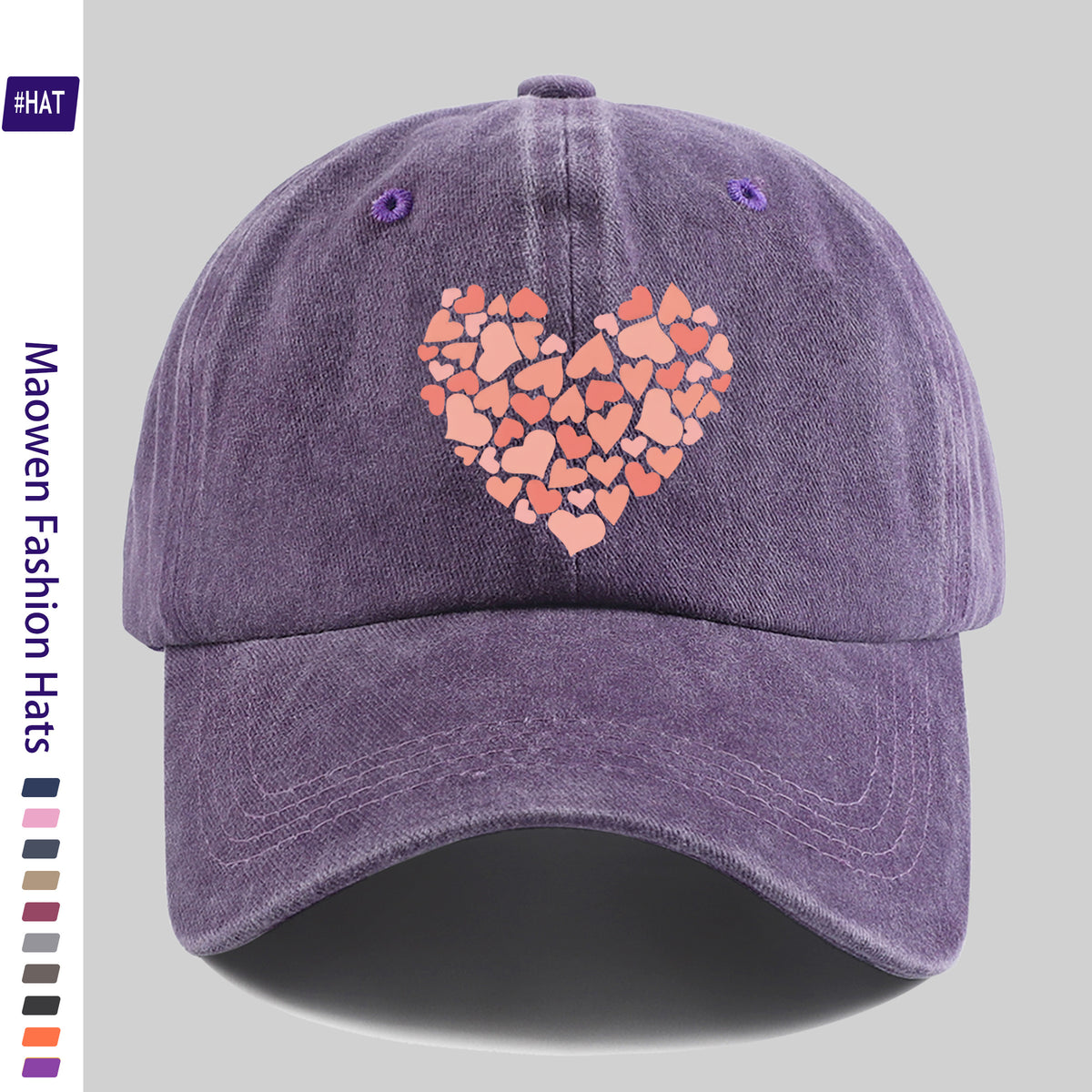 Summer Unisex Adjustable Baseball Cap, Washed Distressed Design, Large Heart Print with Small Heart Details, Washed Vintage Cap, Street Skateboard Cap, Retro Dad Hat, Durable, Comfortable, Breathable Trucker Cap