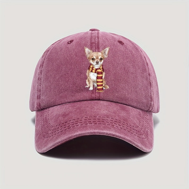 Cute Chihuahua & Scarf Print Vintage Washed Baseball Cap - Adjustable Snapback, Lightweight All-Season Outdoor Casual Hat, for New Year Celebrations, Accessory, Soft Texture, Seasonal Accessory, Playful Design, Hand Washable, Fashion Accessory