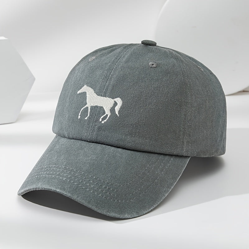 High-Quality White Horse Embroidered Baseball Cap, Washed Vintage Adjustable Duckbill Hat, Soft Top, Breathable, Sweat-Absorbing, Sun-Protective Trendy Hat