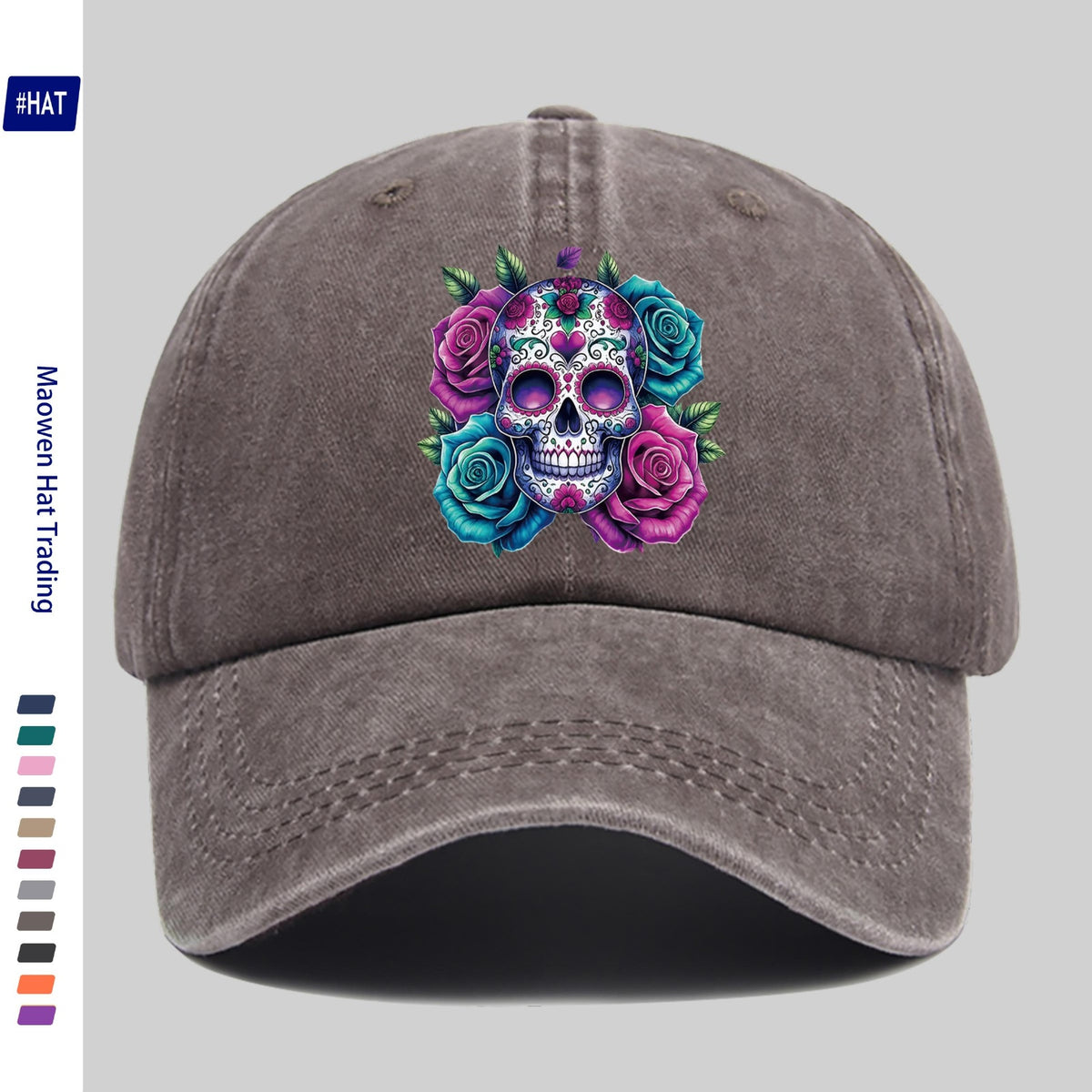 1pc Washed Baseball Cap, Festive Skull And Rose Pattern with Heat Transfer Design, New Halloween-Themed Autumn/Winter Distressed Baseball Cap, Unisex, Adjustable, Lightweight Outdoor Hat