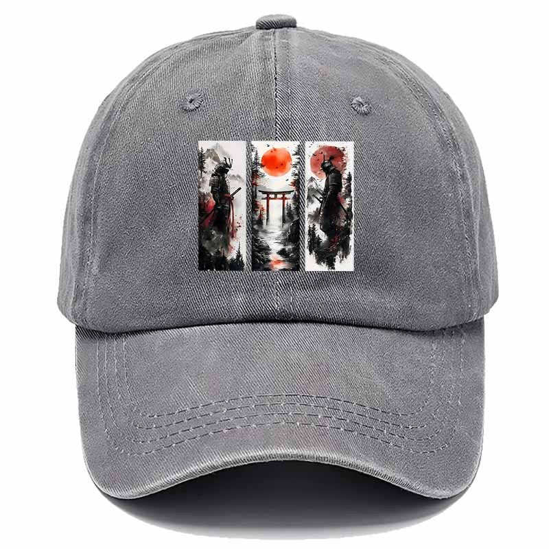 A Vintage-Style Baseball Cap Featuring an Ink Wash Samurai Design, Perfect for Outdoor Adventures And an Ideal Gift for Dad