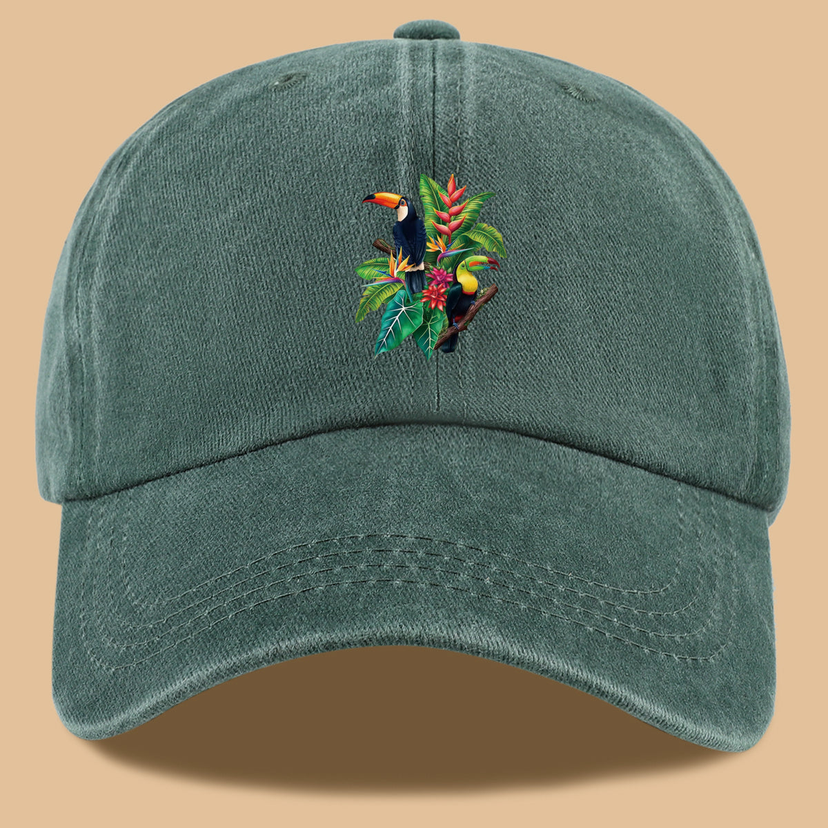 1pc Tropical Rainforest Theme Toucan Print Baseball Cap, Tropical Plant Floral Pattern Sun Hat, Fashionable And Individual Aesthetic Unisex Baseball Cap, Adjustable Size Outdoor Casual Sun Hat, Suitable for Vacation, Travel, Camping, Picnic
