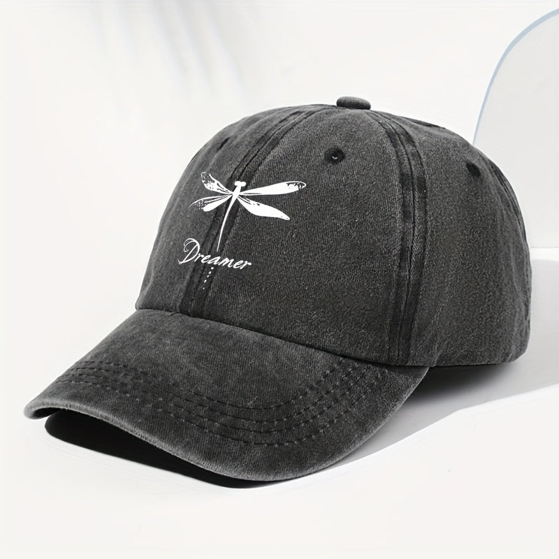 Unisex Dragonfly Dreamer Print Washed Vintage Baseball Cap - Lightweight Polyester Adjustable Unisex Sun Hat, Trucker Style, All-Season Casual Wear