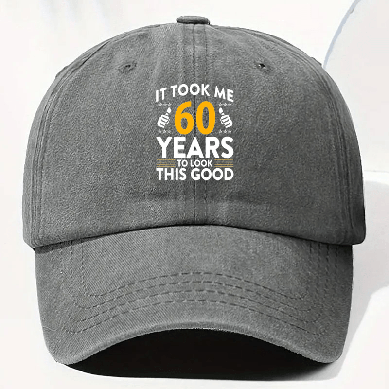 Vintage Distressed Baseball Cap Compatible for Golf & Outdoor - 'It Takes Me 60 Years to Look This Good' Print, Adjustable Unisex Hat with Breathable Black Fabric & Yellow/White Lettering, Funny Aged Look for Seniors & Casual Wearers