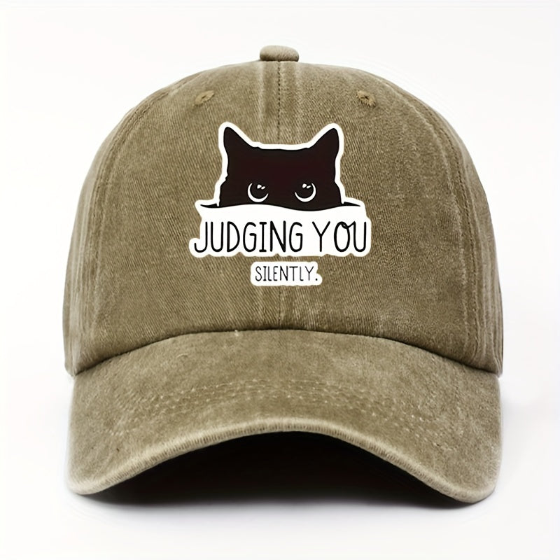 Vintage-Style Adjustable Baseball Cap Featuring a Cat Design with The Words "Silently Judging You"