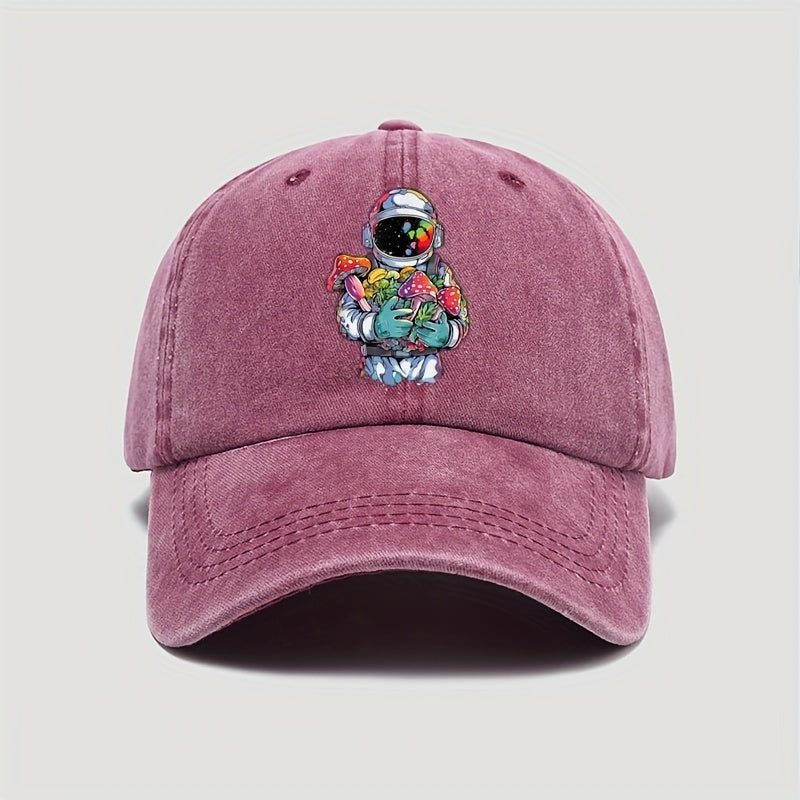 Vintage-style Astronaut Holding Various Mushroom Prints, Washed Baseball Cap, Fun Adjustable Hat
