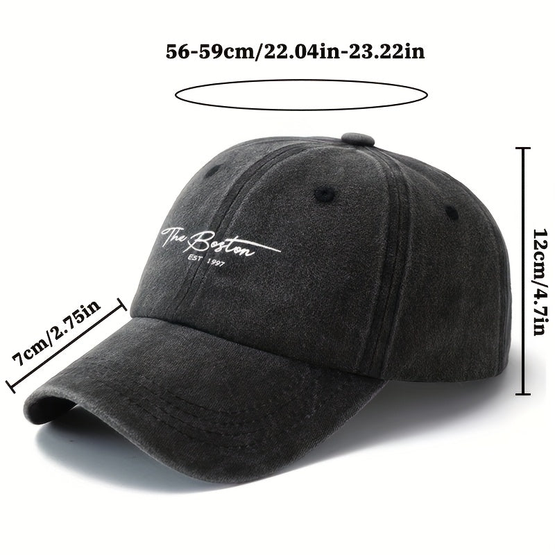 Unisex Vintage Washed Baseball Cap with "The Boston" Embroidery - Lightweight Curved Brim Hat Suitable for Outdoor, Travel, Camping - Durable Textile Material & Hand Washable