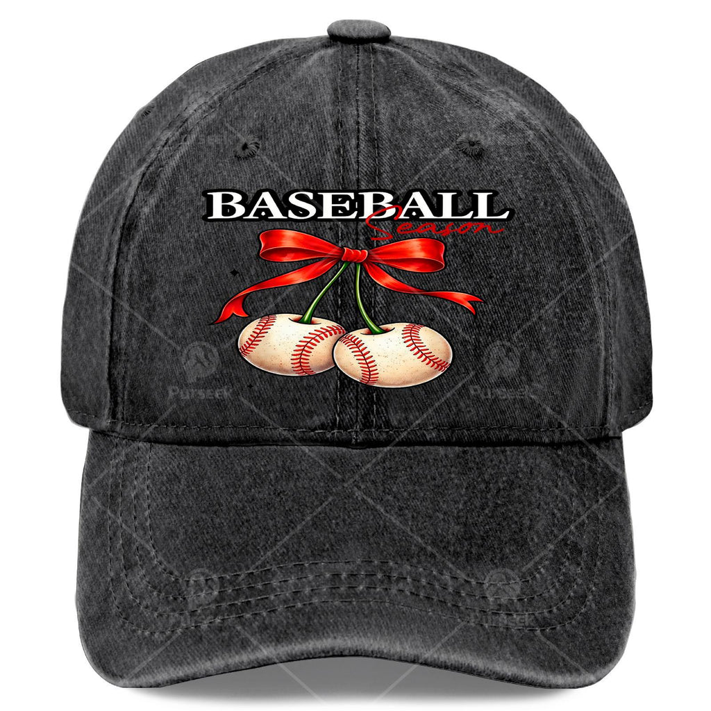 Unisex Vintage Washed Baseball Cap with Cherry Bow, Suitable for Baseball Season