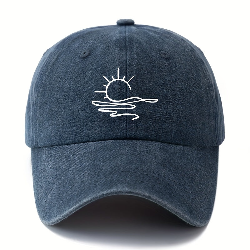 One Size Fits Most Washed Printing Sun Pattern Baseball Cap, Fashionable Curved Brim Hat, Suitable for Outdoor Vacation Travel Camping Leisure Occasions, Truck Driver Baseball Cap