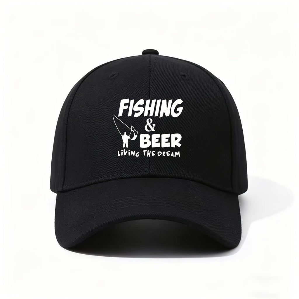 A Baseball Cap with "Fishing And Beer, Live The Dream" Print And Fishing Rod Design, Adjustable And Lightweight for Angler Lifestyle. Hobby-Themed Gift for Fishermen, Hand-Washable Outdoor Accessory