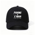 A Baseball Cap with "Fishing And Beer, Live The Dream" Print And Fishing Rod Design, Adjustable And Lightweight for Angler Lifestyle. Hobby-Themed Gift for Fishermen, Hand-Washable Outdoor Accessory
