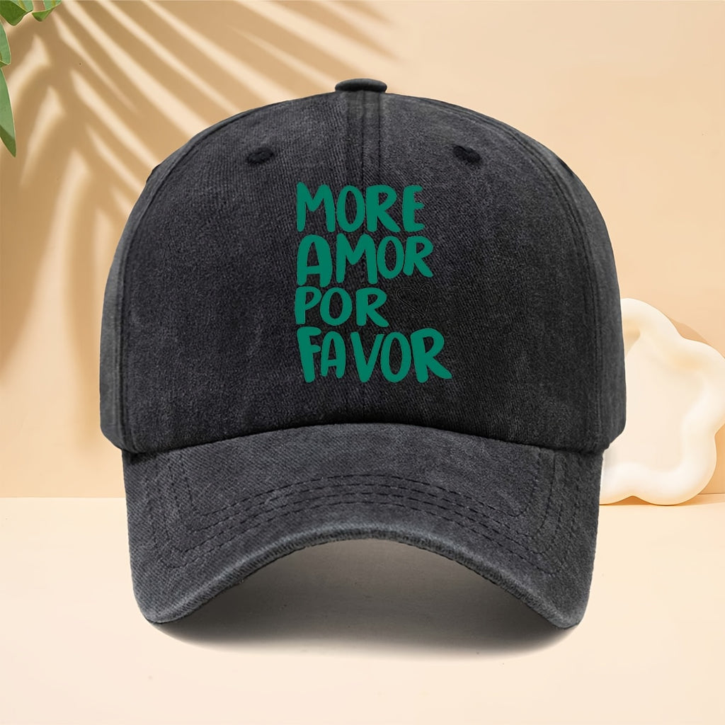 A Washed Baseball Cap with The Slogan MORE AMOR POR FAVOR, a Trucker Hat for Men And Women, a Casual Hat Suitable for All Seasons, a Six-Panel Hat with a Soft Top Design, Lightweight And Suitable for Daily Commutes, Street Style, Music Festivals