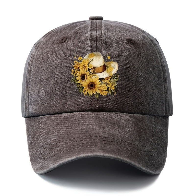 Printed Sunflower Baseball Cap, Unisex And Adjustable Size, with Curved Brim, Lightweight And Sun-Protective for Outdoor Use, Suitable for Outdoor Vacations, Camping, Casual Wear, And Hip-Hop Style, Trucker Baseball Cap