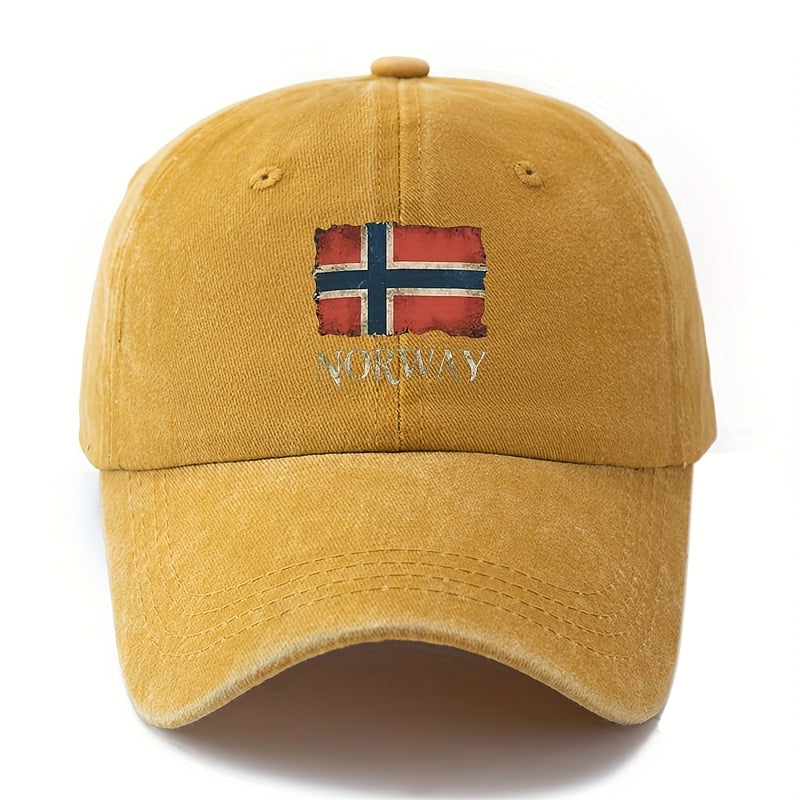 A Unisex, Fashionable and Versatile Baseball Cap with a Printed Norwegian Flag, a Classic Retro Washed Outdoor Lightweight Curved Brim Cap, Suitable for Outdoor Vacations, Travel, Camping, and Other Leisure Activities.