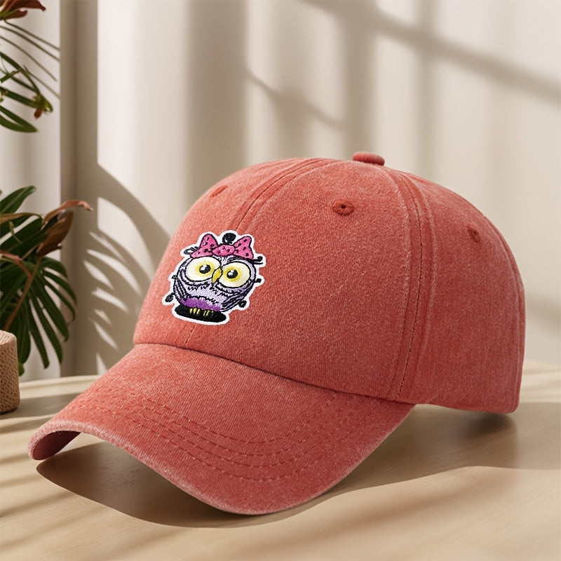 Vintage Washed Duckbill Baseball Cap with Owl Patch - Distressed Soft Breathable Sweat-Absorbent Suitable for Outdoor,, Camping, Fishing, Streetwear Hat, Washed Retro for Climbing and Casual Wear