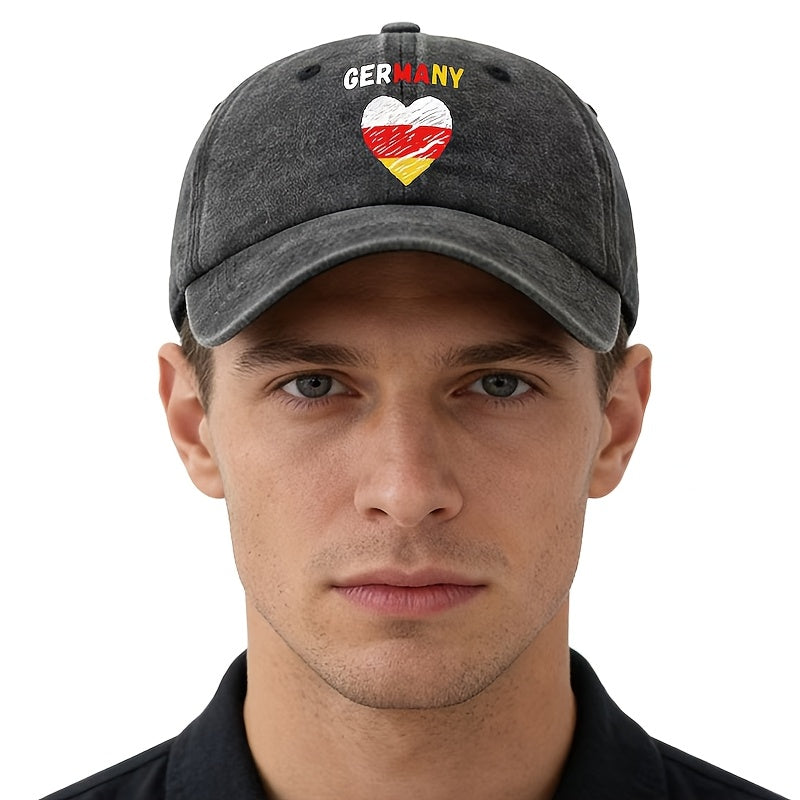 A Unisex Fashionable and Versatile Printed GERMANY Heart Baseball Cap, Featuring a Classic Vintage Washed Outdoor Lightweight Curved Brim. This Trucker Baseball Cap Is Suitable for Casual Occasions Such as Outdoor Vacations, Travel, and Camping
