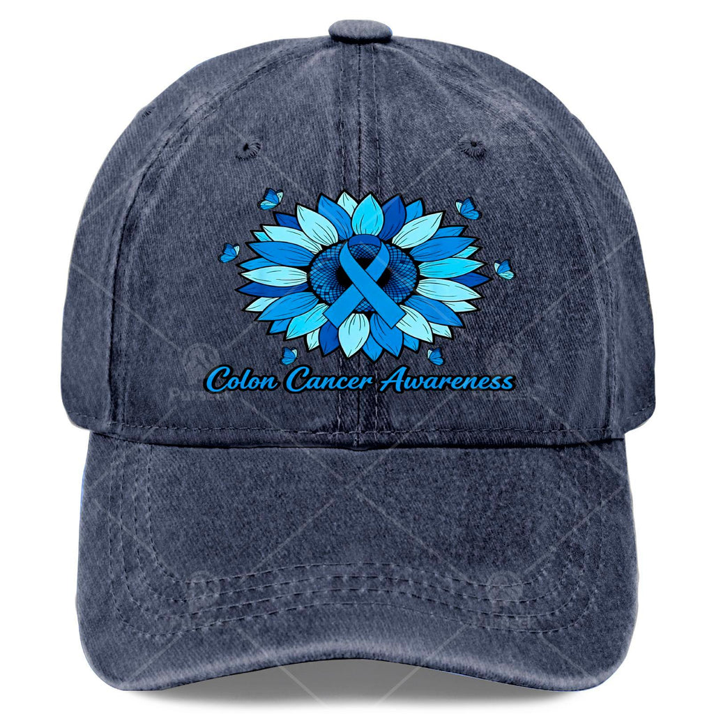 Cool Unisex Baseball Cap with a Blue Ribbon and Sunflower, Used for Colon Cancer Month Promotion