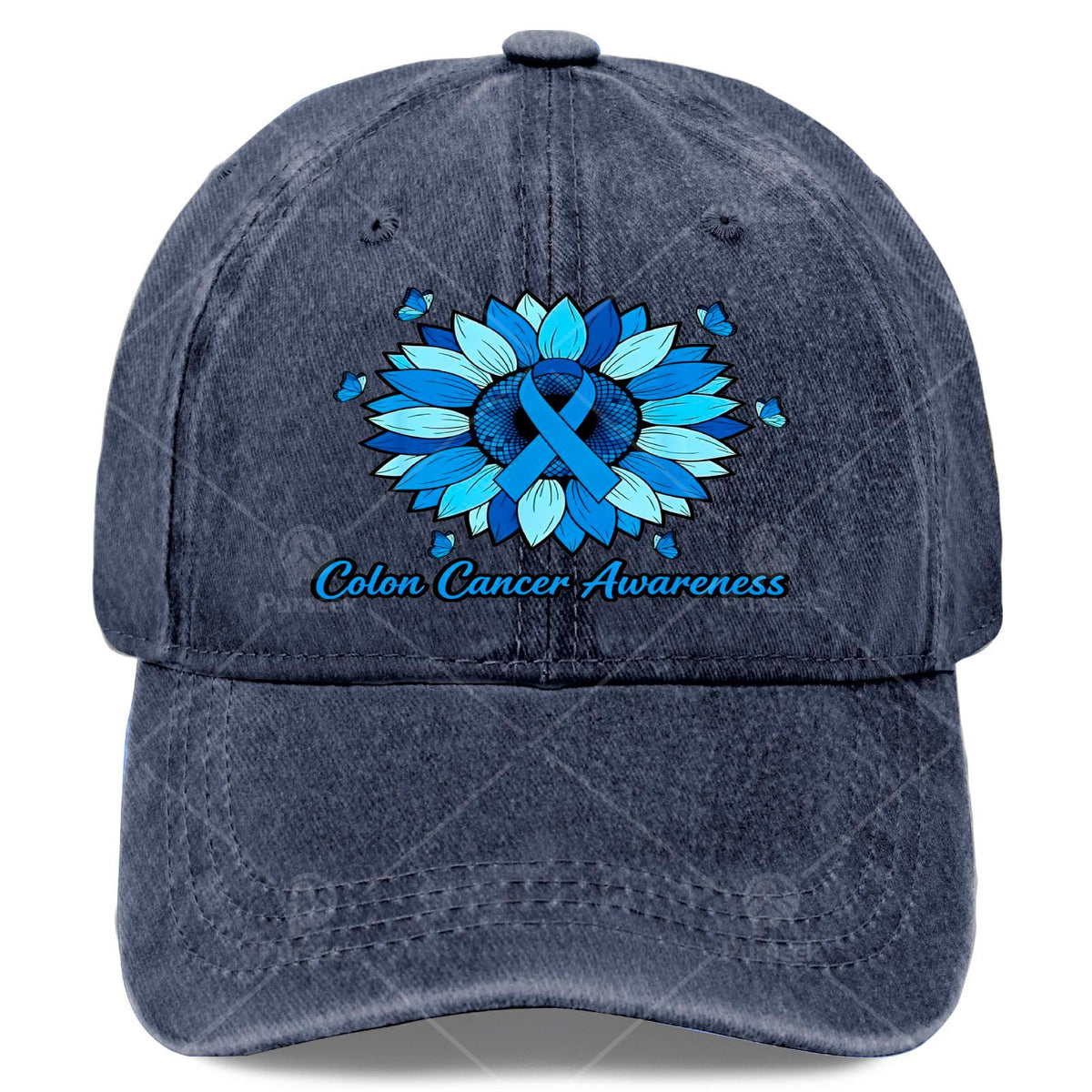 Cool Unisex Baseball Cap with a Blue Ribbon and Sunflower, Used for Colon Cancer Month Promotion
