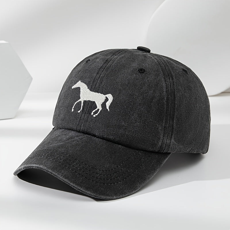 High-Quality White Horse Embroidered Baseball Cap, Washed Vintage Adjustable Duckbill Hat, Soft Top, Breathable, Sweat-Absorbing, Sun-Protective Trendy Hat