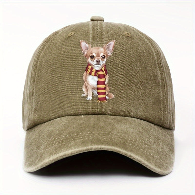 Cute Chihuahua & Scarf Print Vintage Washed Baseball Cap - Adjustable Snapback, Lightweight All-Season Outdoor Casual Hat, for New Year Celebrations, Accessory, Soft Texture, Seasonal Accessory, Playful Design, Hand Washable, Fashion Accessory