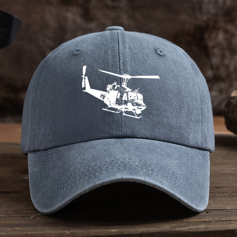 Vintage Helicopter Print Duckbill Cap - Distressed Washed Baseball Hat with Curved Brim, Soft Suitable for Outdoor Sports,, Camping, Streetwear & Hip-Hop Style - Retro Rock for Running and Mountaineering