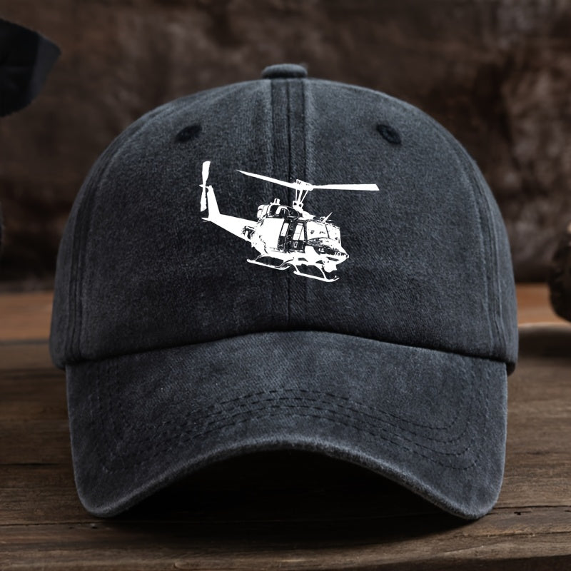 Vintage Helicopter Print Duckbill Cap - Distressed Washed Baseball Hat with Curved Brim, Soft Suitable for Outdoor Sports,, Camping, Streetwear & Hip-Hop Style - Retro Rock for Running and Mountaineering