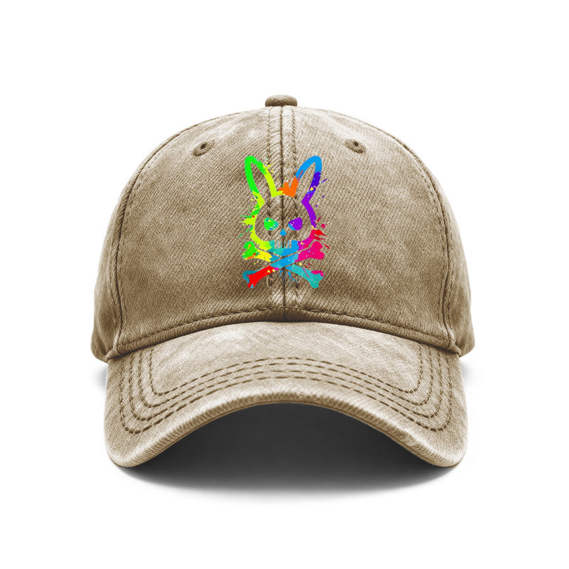 1pc of Vintage Washed Unisex Baseball Caps Featuring a Colorful Splatter Design with a Skull Rabbit Motif. These Adjustable Caps Are Perfect for Outdoor Activities And Casual Outings, Making Them Great Gifts for Both Men And Women