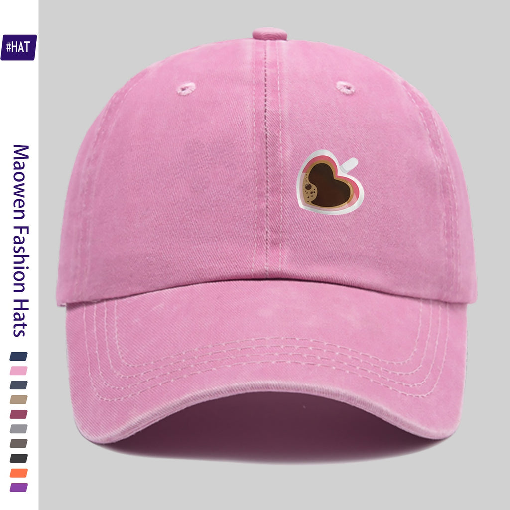 Adjustable Unisex Summer Baseball Cap with Washed Vintage Brim And Distressed Design, Featuring a Distinctive Heart-Shaped Coffee Cup Print, Embodiment of Italian-Style Retro Aesthetics. This Street-Style Skateboard Retro Snapback Hat Is Durable