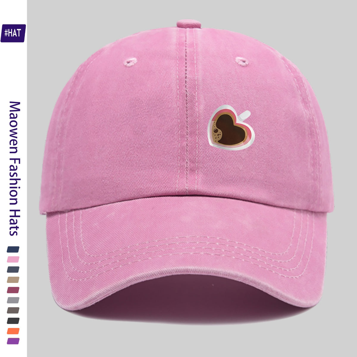 Adjustable Unisex Summer Baseball Cap with Washed Vintage Brim And Distressed Design, Featuring a Distinctive Heart-Shaped Coffee Cup Print, Embodiment of Italian-Style Retro Aesthetics. This Street-Style Skateboard Retro Snapback Hat Is Durable