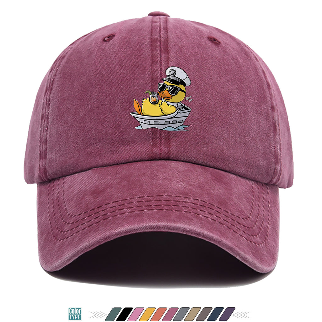 1pc Cartoon Captain Duck Printed Baseball Cap, Yellow Duck Wearing Captain Hat And Glasses, Sitting on Yacht with Drink, Fun Trendy Sun Hat, Unisex Adjustable Casual Street Fashion Hat, Outdoor Play Vacation Hat, Beach Seaside Sunshade Hat
