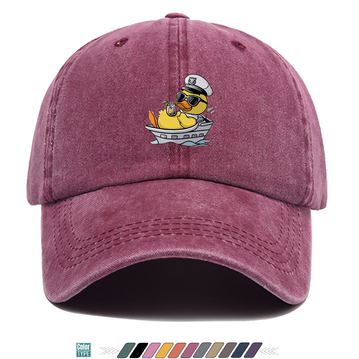 1pc Cartoon Captain Duck Printed Baseball Cap, Yellow Duck Wearing Captain Hat And Glasses, Sitting on Yacht with Drink, Fun Trendy Sun Hat, Unisex Adjustable Casual Street Fashion Hat, Outdoor Play Vacation Hat, Beach Seaside Sunshade Hat