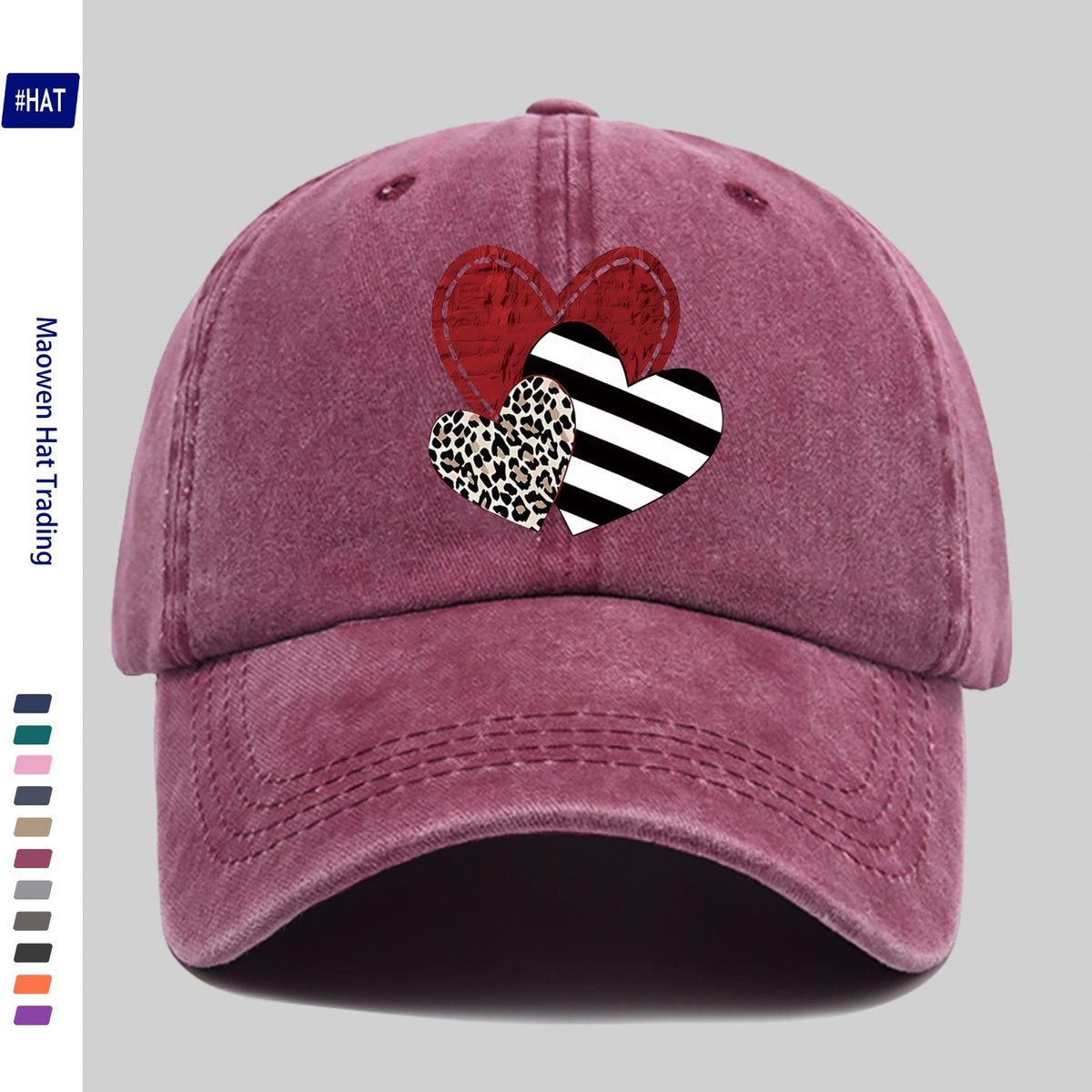 A Washed Baseball Cap with Iron-on Transfer Designs of Red Hearts, Black Striped Hearts, Leopard Print Hearts, and Crossed Hearts. It Features a New Autumn/winter Vintage Style, Is Unisex, Adjustable in Size, Lightweight, and Suitable for Outdoor Use