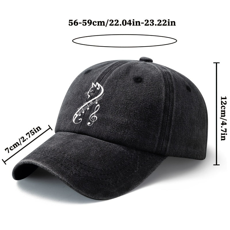 A Unisex Fashionable and Versatile Printed Cat and Musical Note Baseball Cap, Featuring a Classic Vintage Washed Lightweight Outdoor Curved Brim. This Trucker Baseball Cap Is Suitable for Casual Occasions Such as Outdoor Vacations