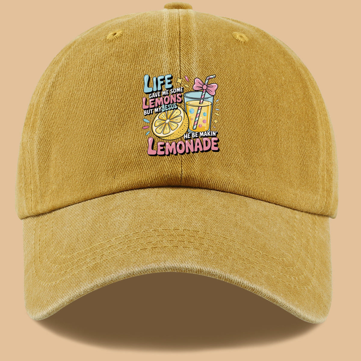 1pc "Life Gave Me Some Lemons but My Jesus He Be Makin' Lemonade" English Phrase Printed Baseball Cap, Fun Lemon and Lemonade Cup Illustration Sun Hat, Stylish, , and Aesthetically Pleasing, Unisex Adjustable Baseball Cap, Casual Street Hat
