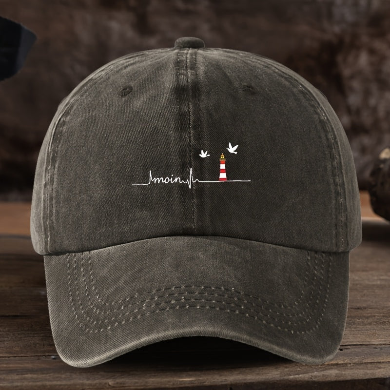 Stylish Sea Eagle Lighthouse Print Baseball Cap - All-Weather Polyester Suitable for Outdoor, Fishing,, Machine Washable, Unisex Hat with Lighthouse