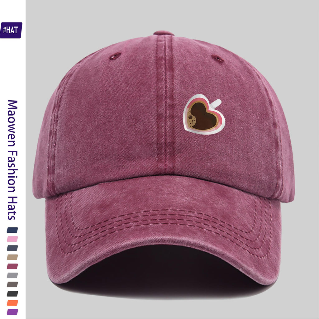 Adjustable Unisex Summer Baseball Cap with Washed Vintage Brim And Distressed Design, Featuring a Distinctive Heart-Shaped Coffee Cup Print, Embodiment of Italian-Style Retro Aesthetics. This Street-Style Skateboard Retro Snapback Hat Is Durable