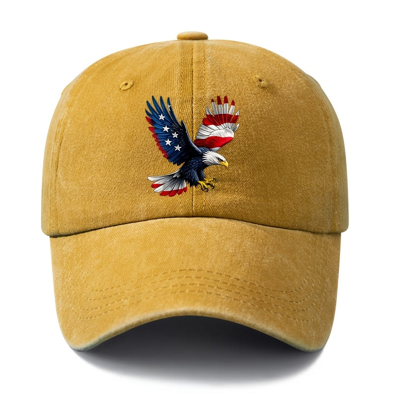 A Unisex Fashionable and Versatile Printed Baseball Cap Featuring a Spreading-winged Bald Eagle, a Classic Vintage Washed Outdoor Lightweight Curved-brim Hat, a Trucker Baseball Cap, Suitable for Casual Occasions Such as Outdoor Vacations