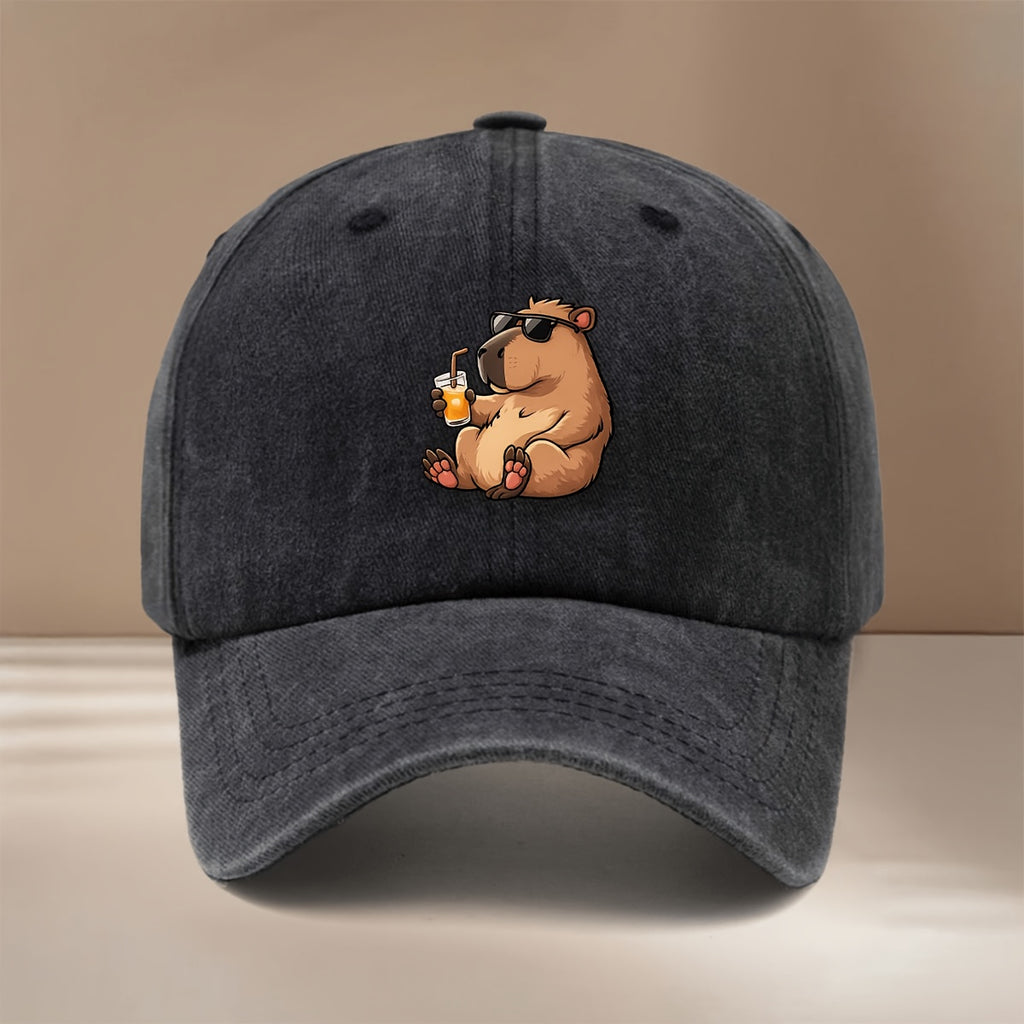 This Is a Baseball Cap with a "Drinking Guinea Pig" Graphic Print. It's Comfortable, Lightweight, and Adjustable in Size. A Six-panel Unisex Hat, This Simple and Trendy Snapback Is Perfect for Outdoor Sports, Picnics, Camping, and  Fashion