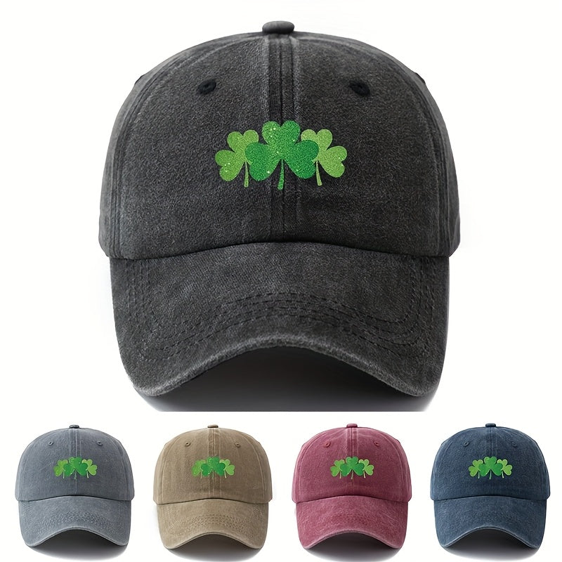 Green Clover Print Adjustable Snapback Cap - Outdoor Textile Hat with Four- Clover, Comfortable Casual Wear for, Camping, Travel, Ideal Gift Suitable for Couples & Outdoor Activities