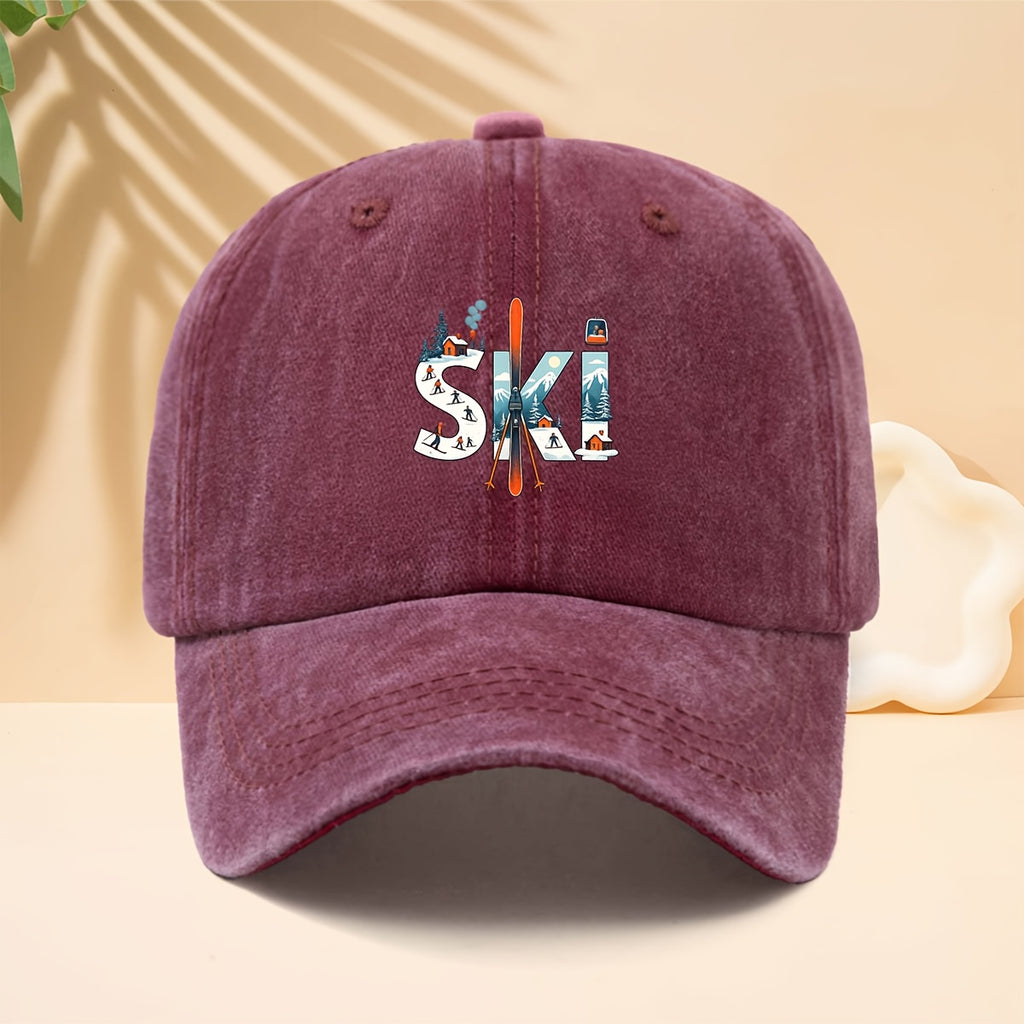 A Printed Baseball Cap with Ski-Related Elements And Patterns, Suitable for Outdoor Sports, a Six-Panel Hat for Men And Women, Couple'S Fashion, a Duckbill Cap with an Adjustable Soft Brim, Washed And Distressed Curved Brim Hat
