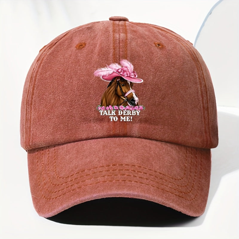 Unisex Adjustable Baseball Cap, Pink Horse Pattern with "Talk Derby to Me!" Print - Lightweight 100%, Machine Washable Vintage Design, Ideal for Casual Outdoor And Daily Wear