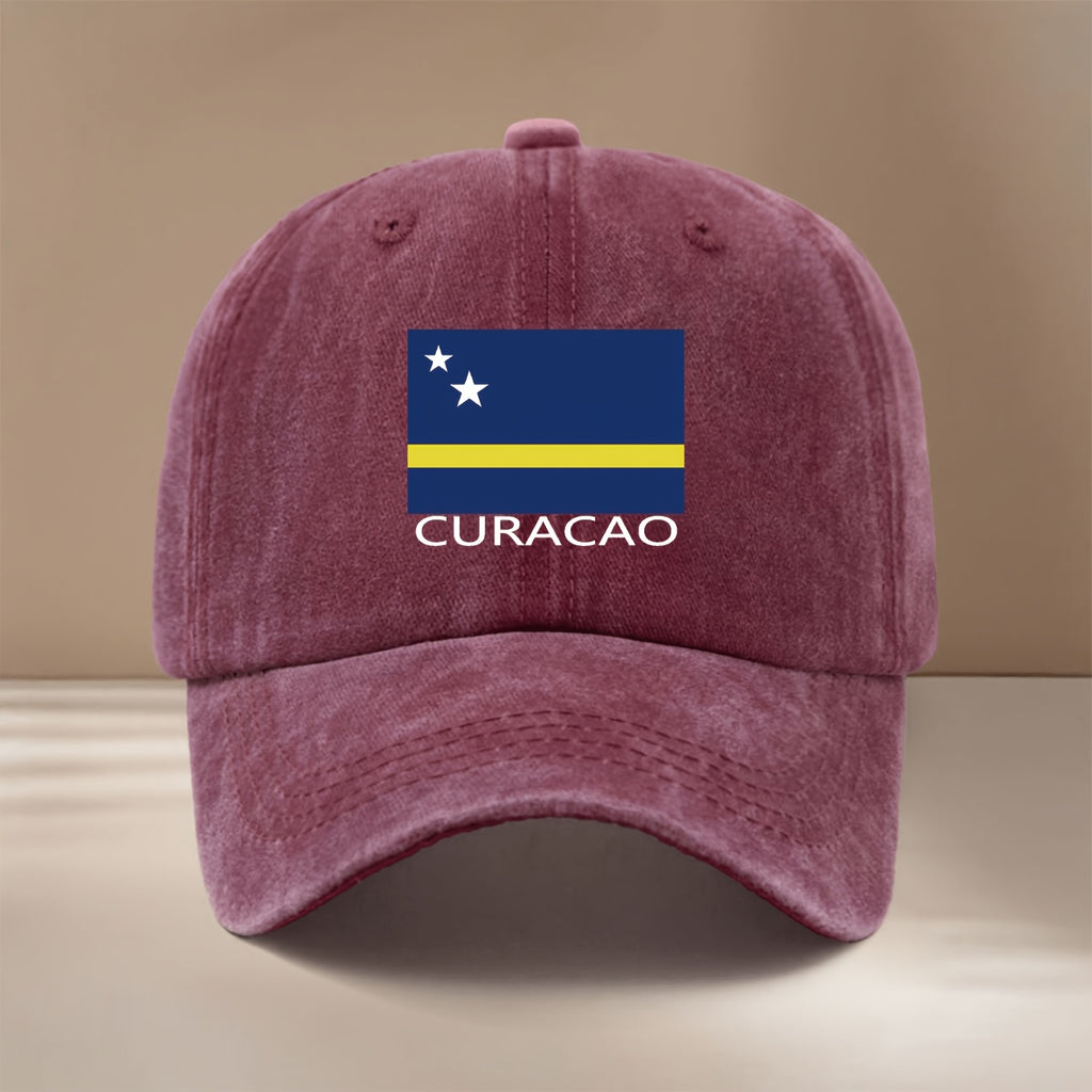 Baseball Cap with CURACAO Text and Flag Pattern, Featuring a Relaxed Fit and Curved Brim. This Trendy Textured Snapback Is a Comfortable, Lightweight, and Casual Unisex Six-panel Hat. It's Also a Hip-hop Style Adjustable Cap with a Simple
