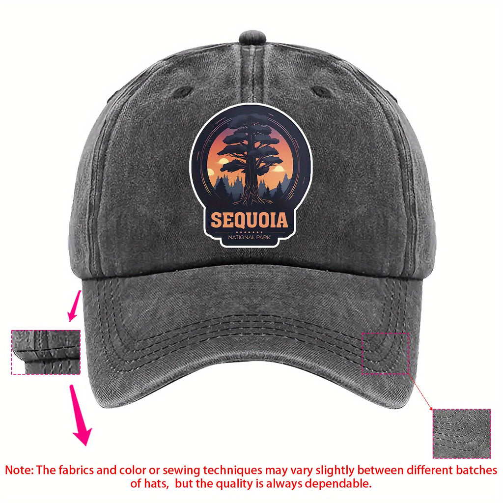 A Sequoia National Park-themed Baseball Cap with Fun Printed Patterns, Available in Multiple Colors and with Adjustable Size, Made of Washed Fabric