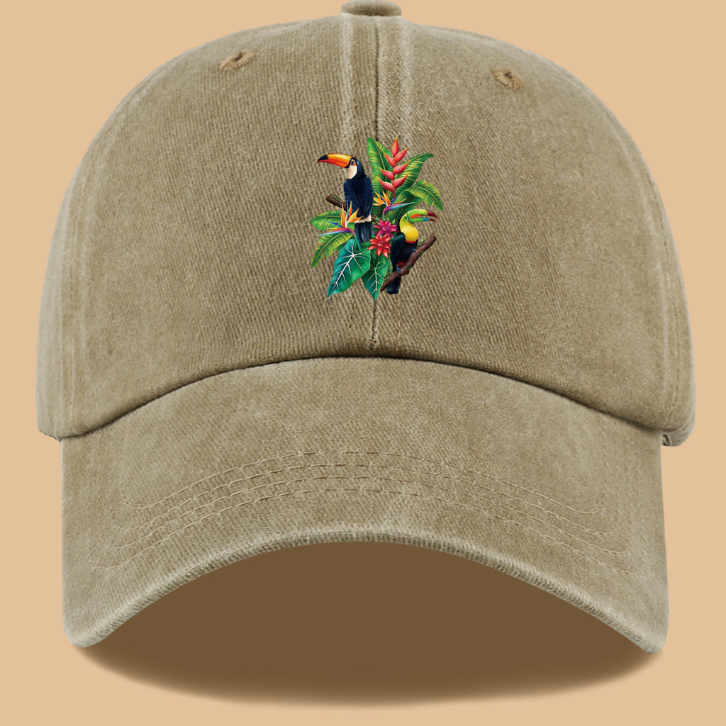 1pc Tropical Rainforest Theme Toucan Print Baseball Cap, Tropical Plant Floral Pattern Sun Hat, Fashionable And Individual Aesthetic Unisex Baseball Cap, Adjustable Size Outdoor Casual Sun Hat, Suitable for Vacation, Travel, Camping, Picnic