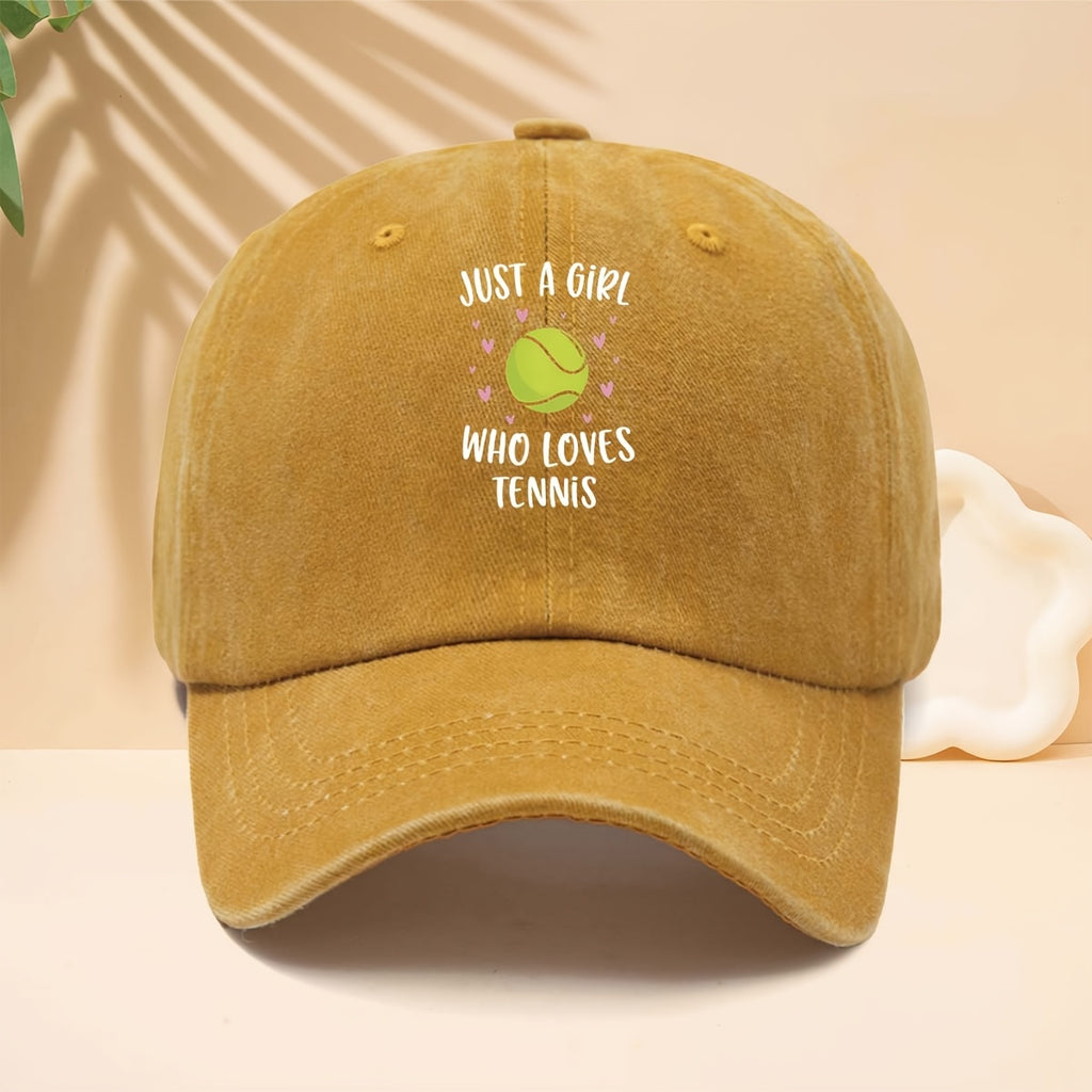 Baseball Cap with 'Just A Girl Who Loves Tennis' Pattern, American Sports Energetic Girly Fresh Casual Style Dad Hat for Walking, Shopping, Travel, Parties, And Vacations, Adjustable Brim, Unisex Casual Hat, All-Season Hip-Hop Style