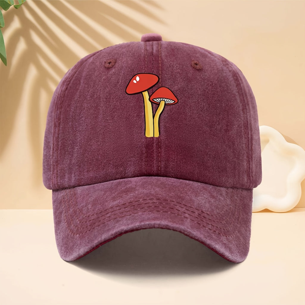 Baseball Cap with Red And White Cartoon Mushroom Print, American Forest Style Healing High Street Style Duckbill Cap Adjustable Size Unisex Casual Hat Versatile Neutral Style All-Season Curved Brim Hat for Walking, Gatherings, Shopping, Dates