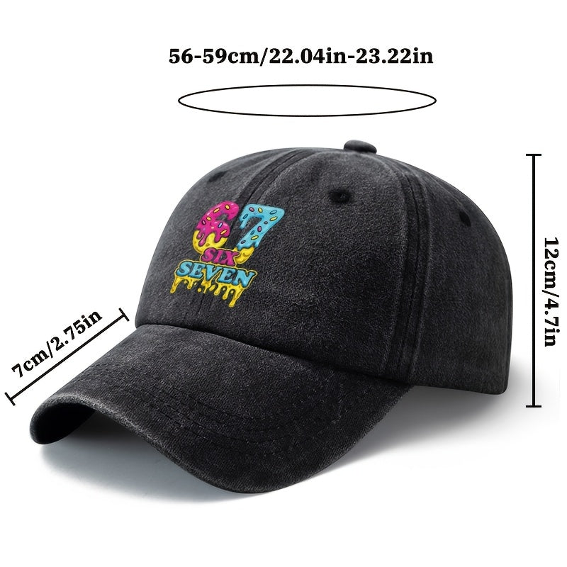 Unisex, Fashionable And Versatile Printed Cream Donut 67 SIX SEVEN Baseball Cap, Classic Retro Washed Outdoor Lightweight Curved Brim Cap, Suitable for Outdoor Vacations, Travel, Camping, And Other Casual Occasions, Hip-Hop Cap for Holiday Parties