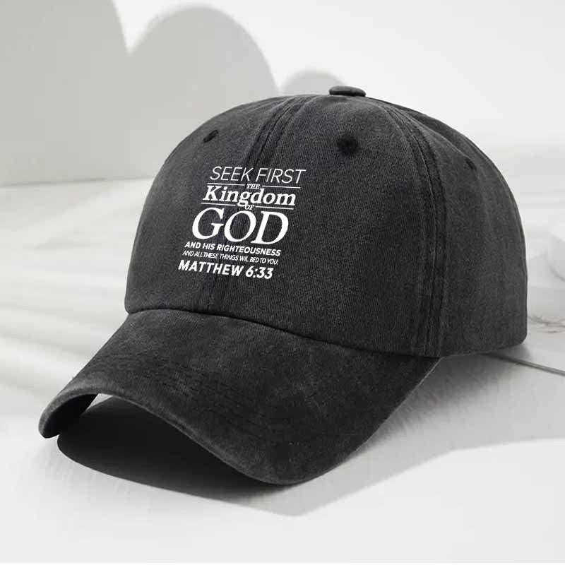 Verse Baseball Cap with Matthew 6:33 Scripture - Faith Hat for Church, Worship & Study, Inspirational Religious Gift For, Soft Comfortable Textile Cap (Black/Dark Grey/Navy/Tan/Green)