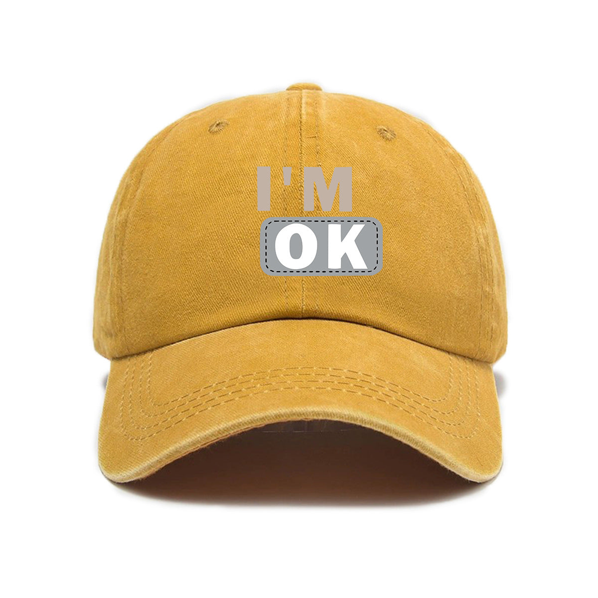 1 Washed Distressed Printed Baseball Cap for Adults, Simple "I'M OK" Letter Print, Washed Distressed Soft Top Sun Baseball Cap, Unisex Baseball Cap
