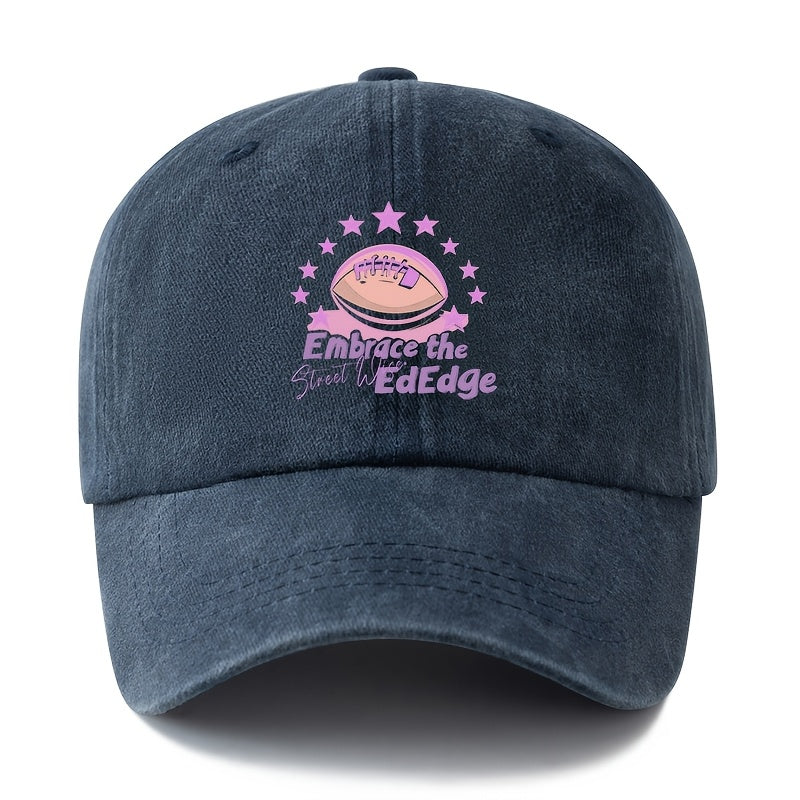 A Unisex Fashionable and Versatile Printed "Embrace the EdEdge" Baseball Cap, Featuring a Classic Vintage Washed Lightweight Curved Brim. This Trucker Baseball Cap Is Suitable for Casual Occasions Such as Outdoor Vacations, Travel, and Camping